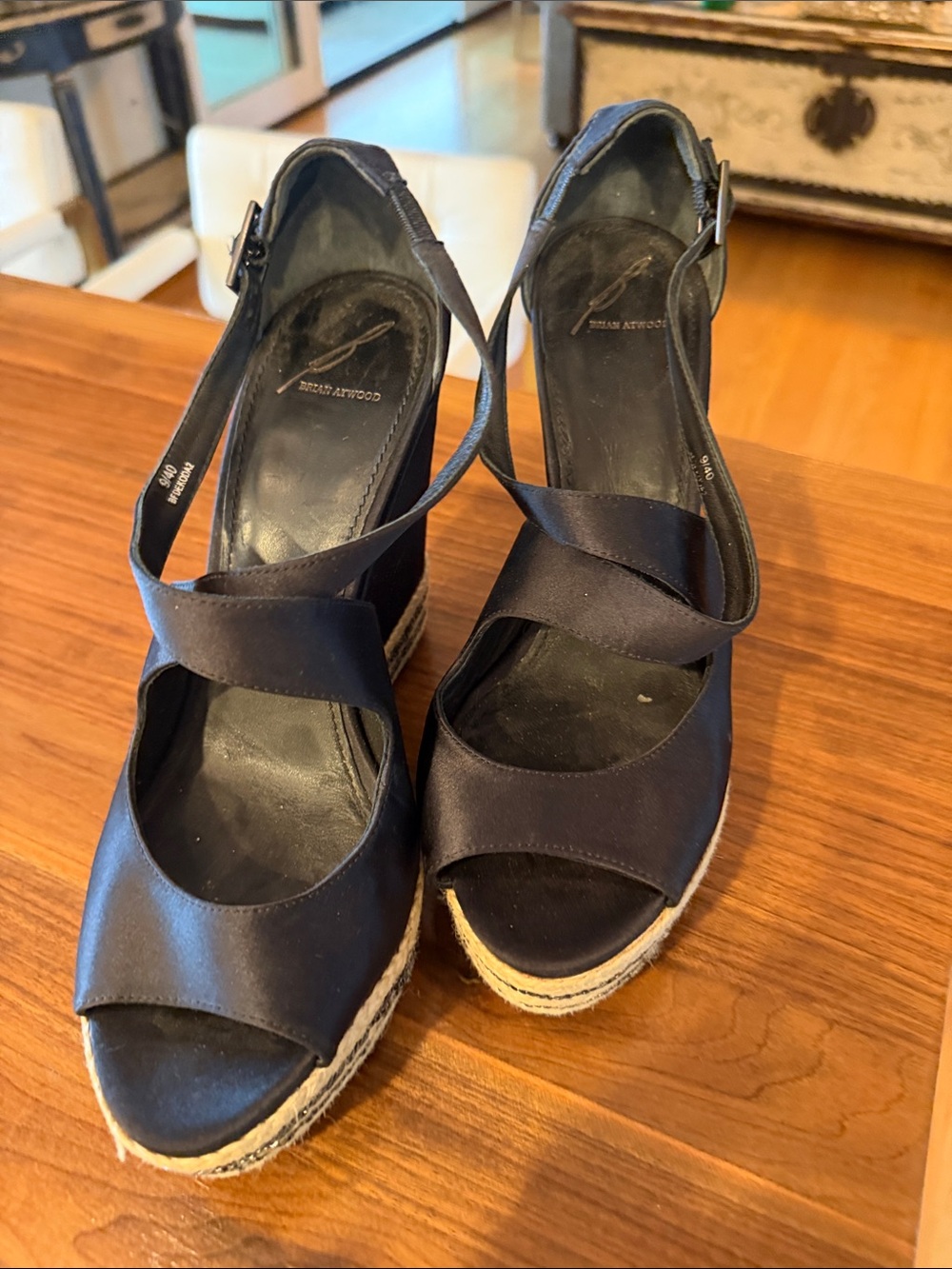 Brian Atwood Black Satin Crisscross Espadrille Wedge Sandals